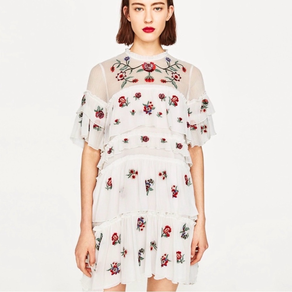 Zara White Dress with Red Floral Embroidery